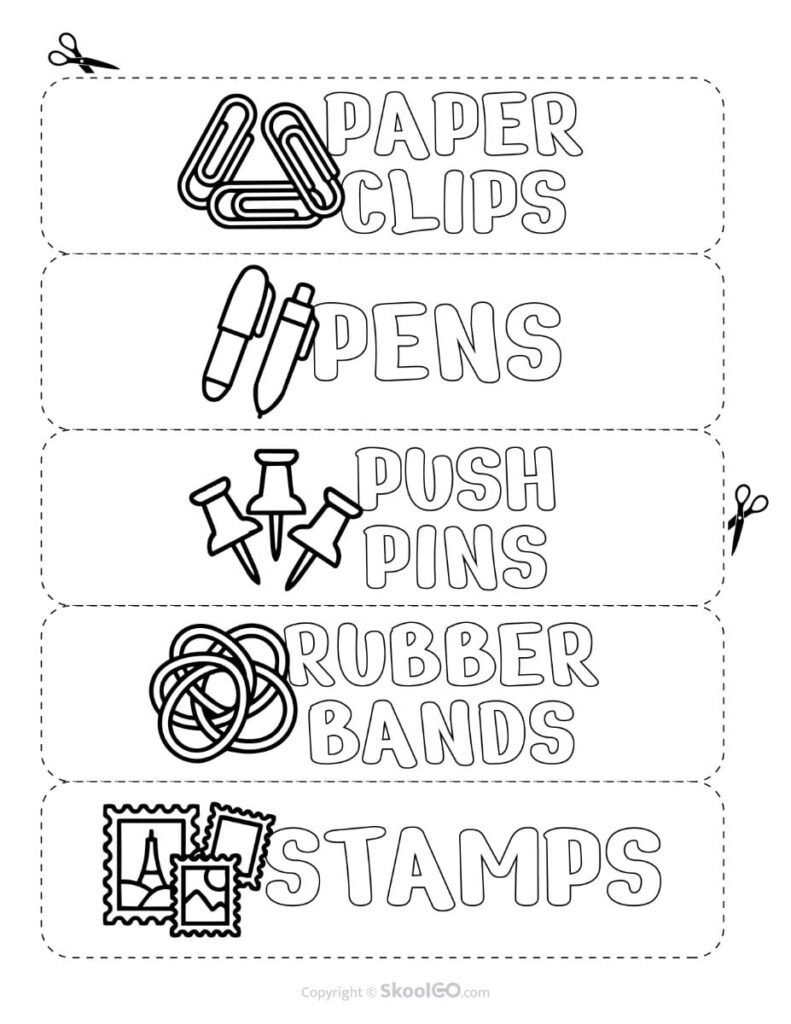 Teacher Toolbox Labels Black and White – Paper Clips and Office Supplies Printable black and white teacher toolbox labels for paper clips, pens, push pins, rubber bands, and stamps.