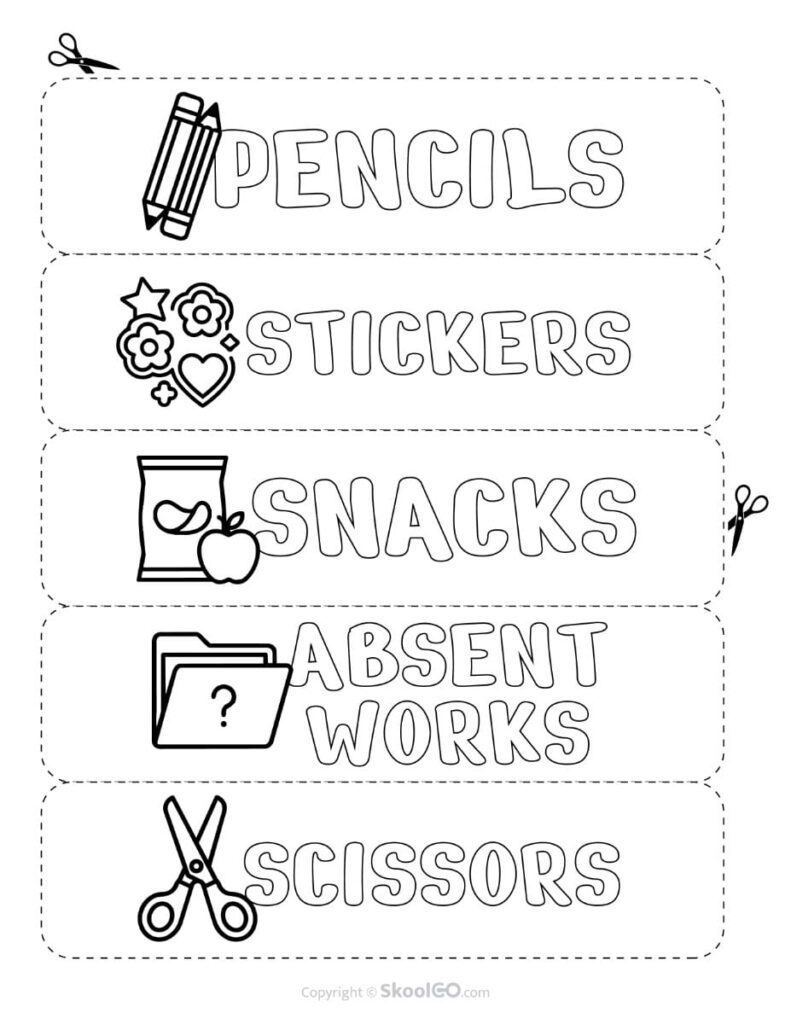 Teacher Toolbox Labels Black and White – Pencils and Classroom Supplies Printable black and white teacher toolbox labels for pencils, stickers, snacks, absent work, and scissors.