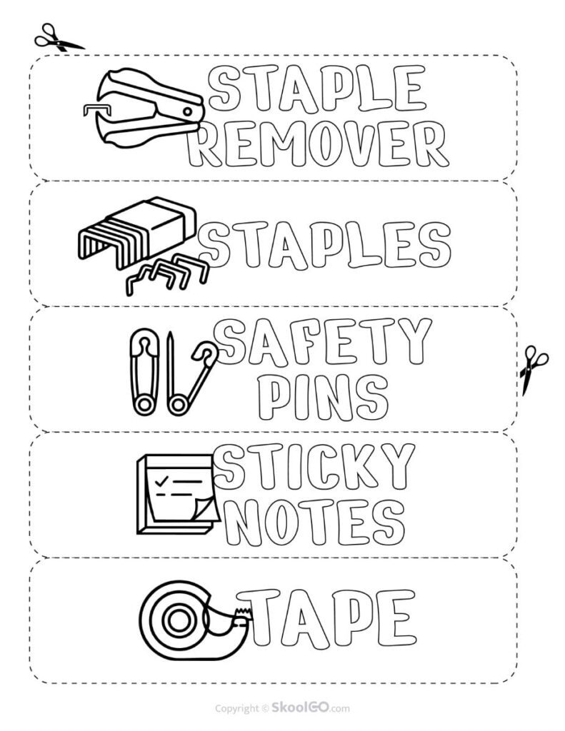 Teacher Toolbox Labels Black and White – Staples and Sticky Notes Black and white teacher toolbox labels for staple remover, staples, safety pins, sticky notes, and tape.