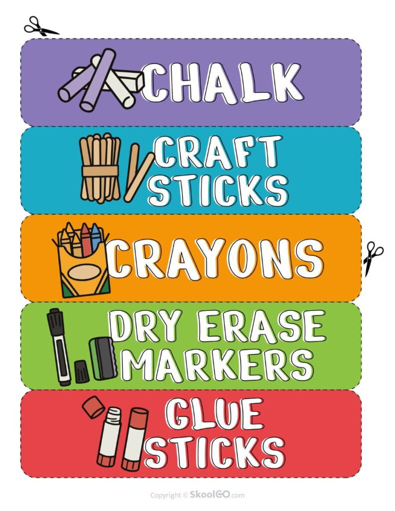 Teacher Toolbox Labels – Classroom Tool Drawer Labels Teacher toolbox labels for chalk, craft sticks, crayons, dry erase markers, and glue sticks.