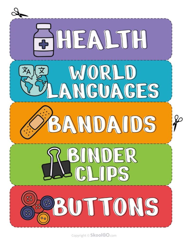 Teacher Toolbox Labels – Health and Office Supplies Printable teacher toolbox labels for health, world languages, bandaids, binder clips, and buttons.