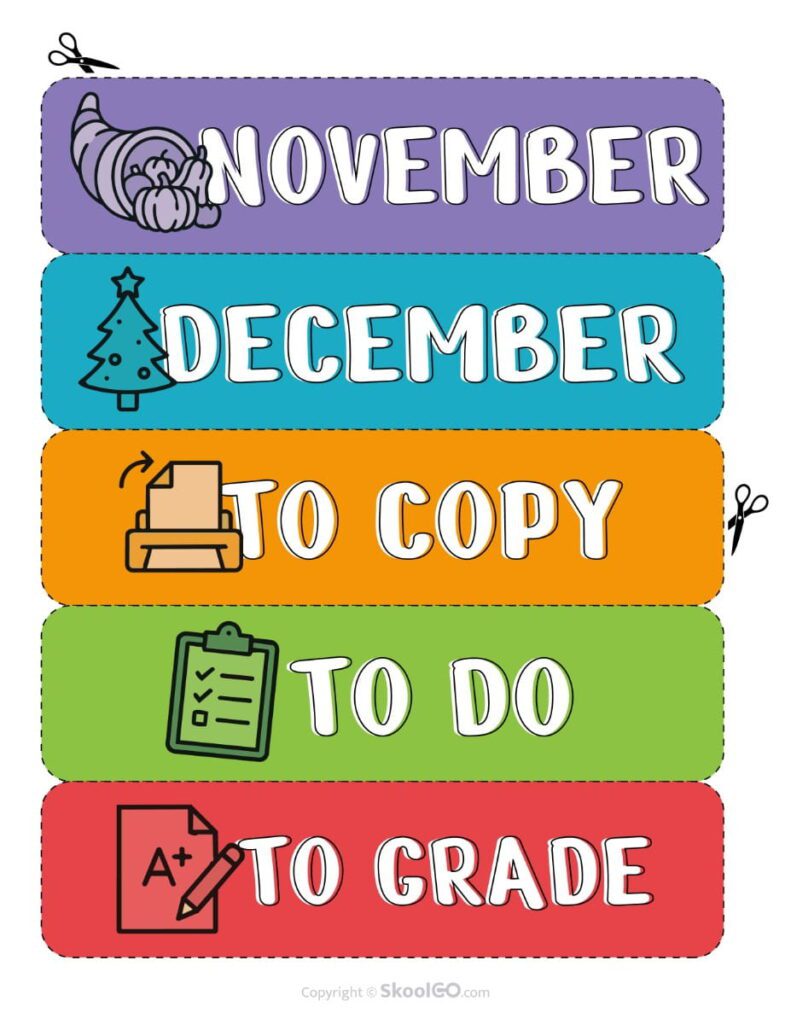 Teacher Toolbox Labels – November, December and Organization Labels Teacher toolbox labels with November, December, To Copy, To Do, and To Grade drawer labels.