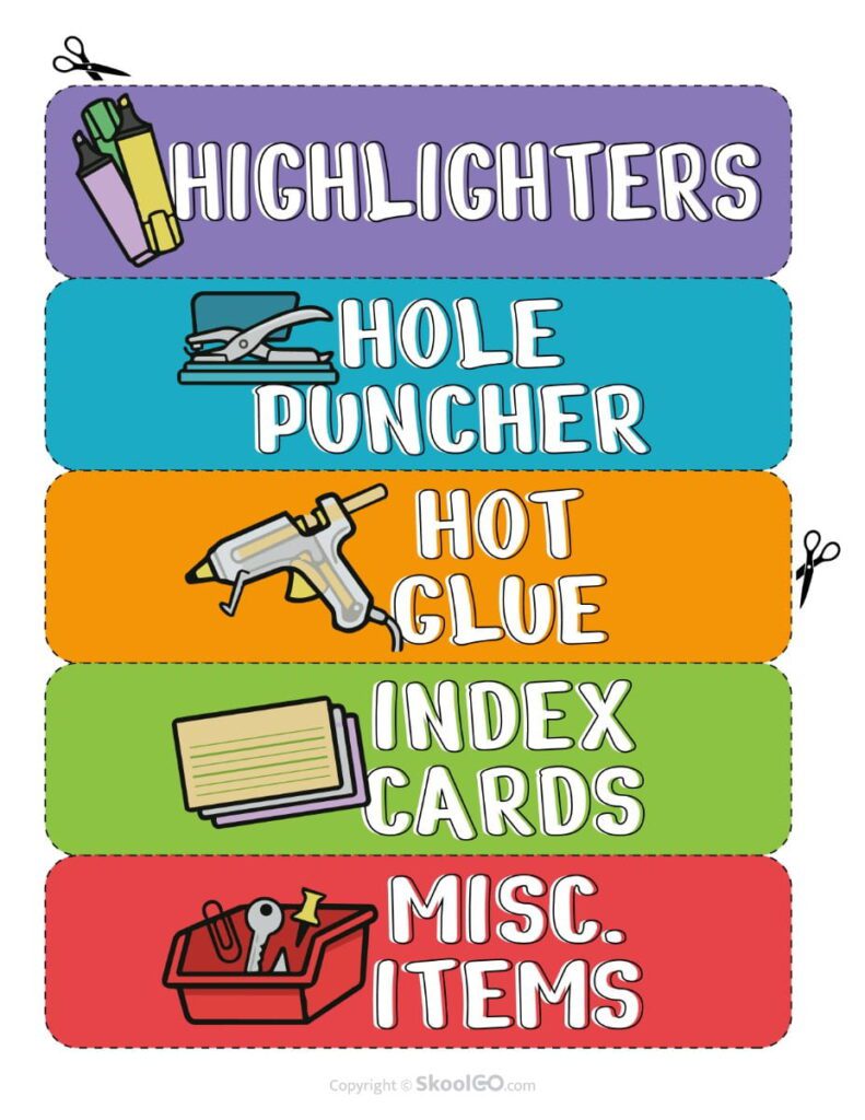 Teacher Toolbox Labels – Office Supply Drawer Labels Printable teacher toolbox labels for highlighters, hole puncher, hot glue, index cards, and miscellaneous items.