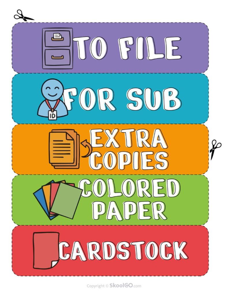 Teacher Toolbox Labels – Classroom Supply Drawer Labels Printable teacher toolbox labels for To File, For Sub, Extra Copies, Colored Paper, and Cardstock.