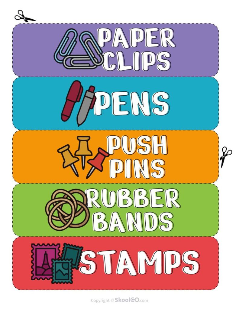 Teacher Toolbox Labels – Paper Clips and Office Supplies Printable teacher toolbox labels for paper clips, pens, push pins, rubber bands, and stamps.