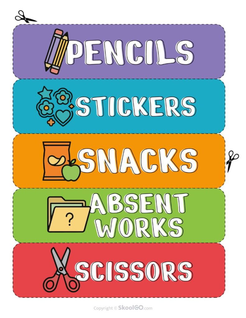 Teacher Toolbox Labels – Pencils and Classroom Supplies Printable teacher toolbox labels for pencils, stickers, snacks, absent work, and scissors.