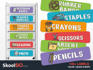 Colorful printable teacher toolbox labels for organizing classroom supplies with 140 printable labels in color and black and white.