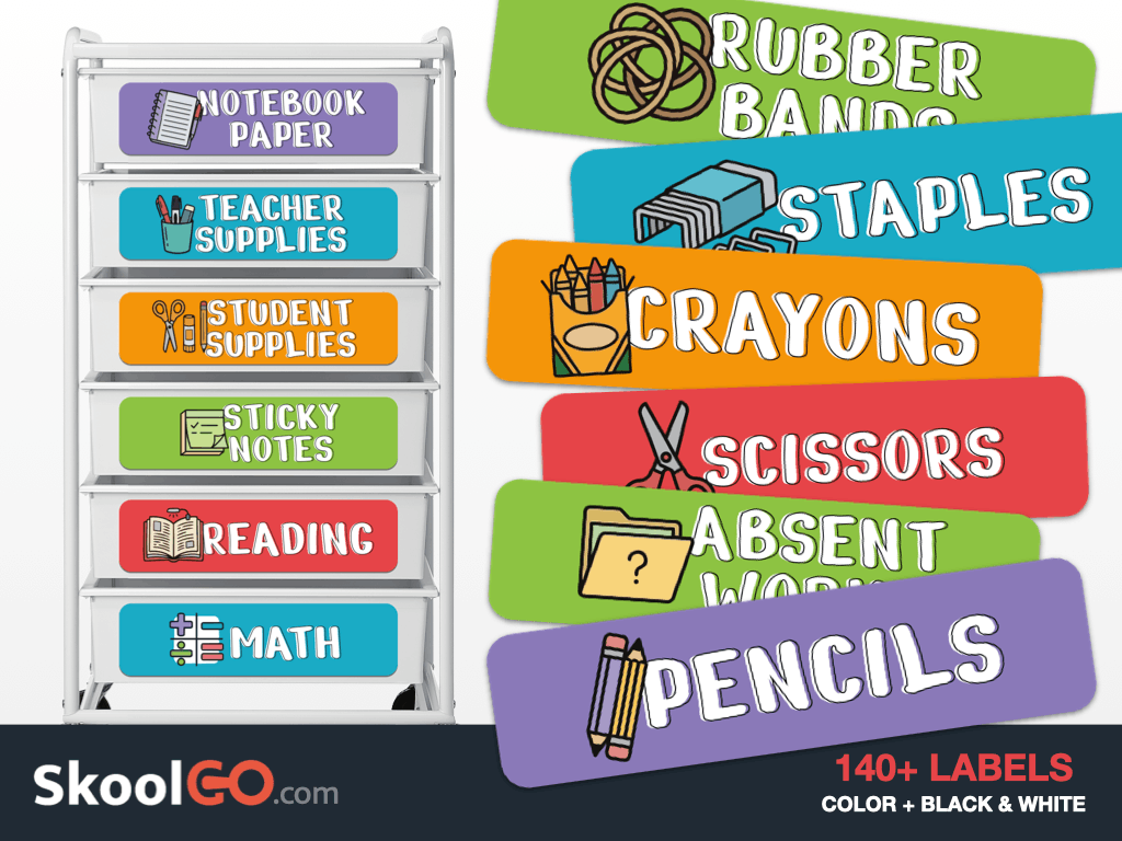 Colorful printable teacher toolbox labels for organizing classroom supplies with 140 printable labels in color and black and white.