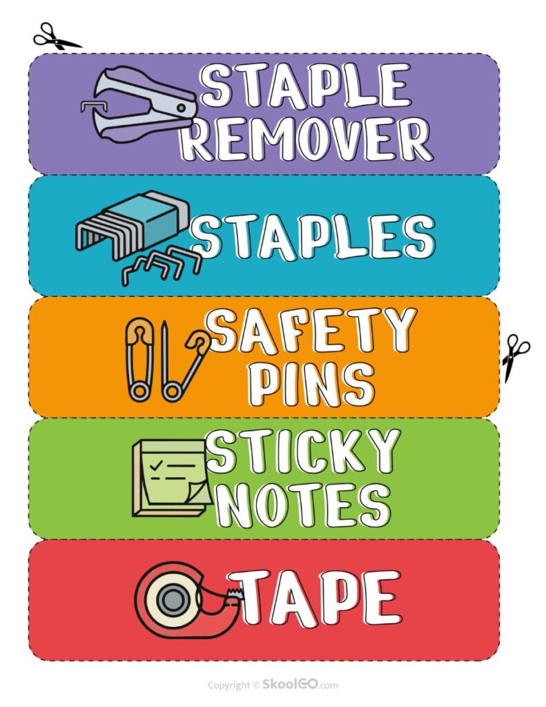 Teacher Toolbox Labels – Staples and Sticky Notes Teacher toolbox labels for staple remover, staples, safety pins, sticky notes, and tape.