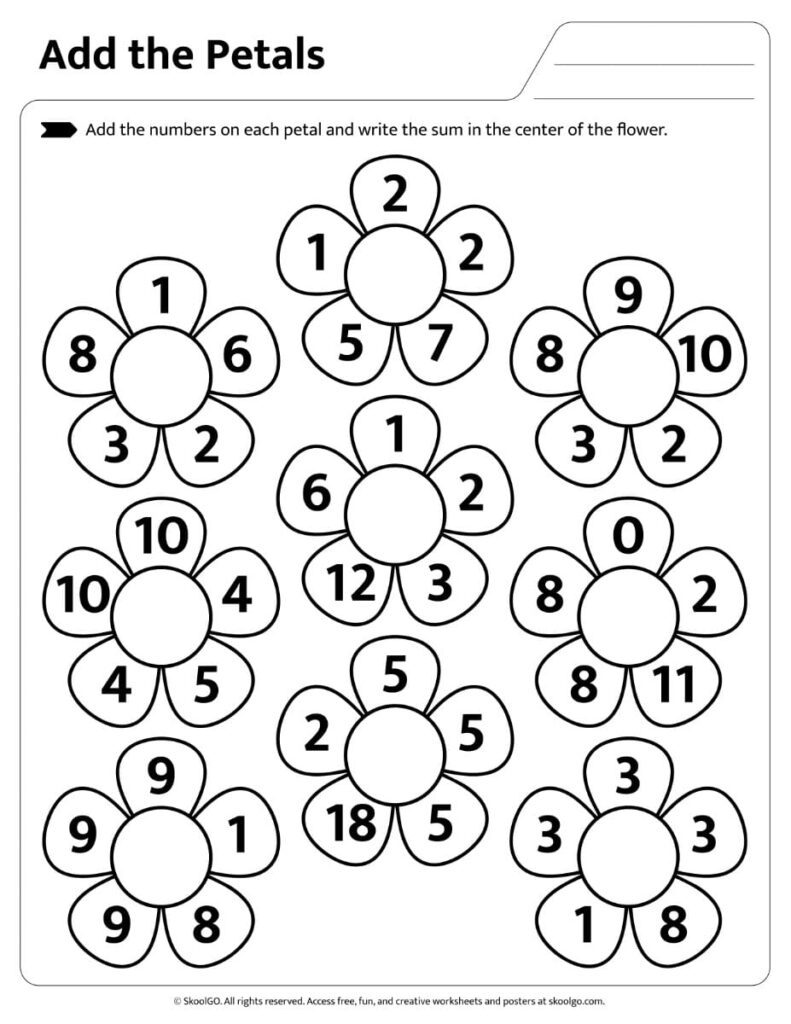 Add the Petals Addition Worksheet – Black and White Page 1 Black and white Add the Petals Addition Worksheet printable
