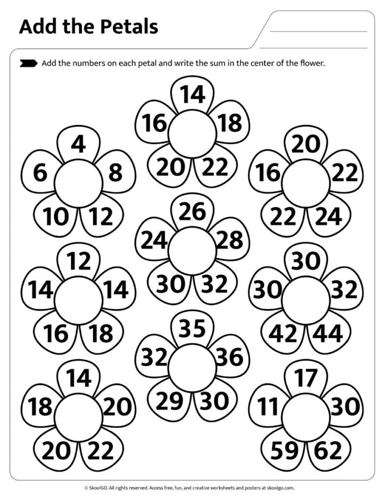 Add the Petals Addition Worksheet – Black and White Page 2 Printable black and white flower addition worksheet for math practice