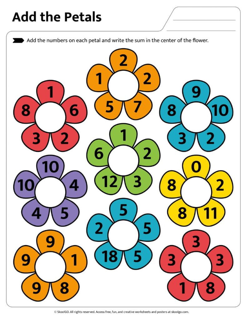 Add the Petals Addition Worksheet – Color Page 1 Color Add the Petals Addition Worksheet with flower addition problems