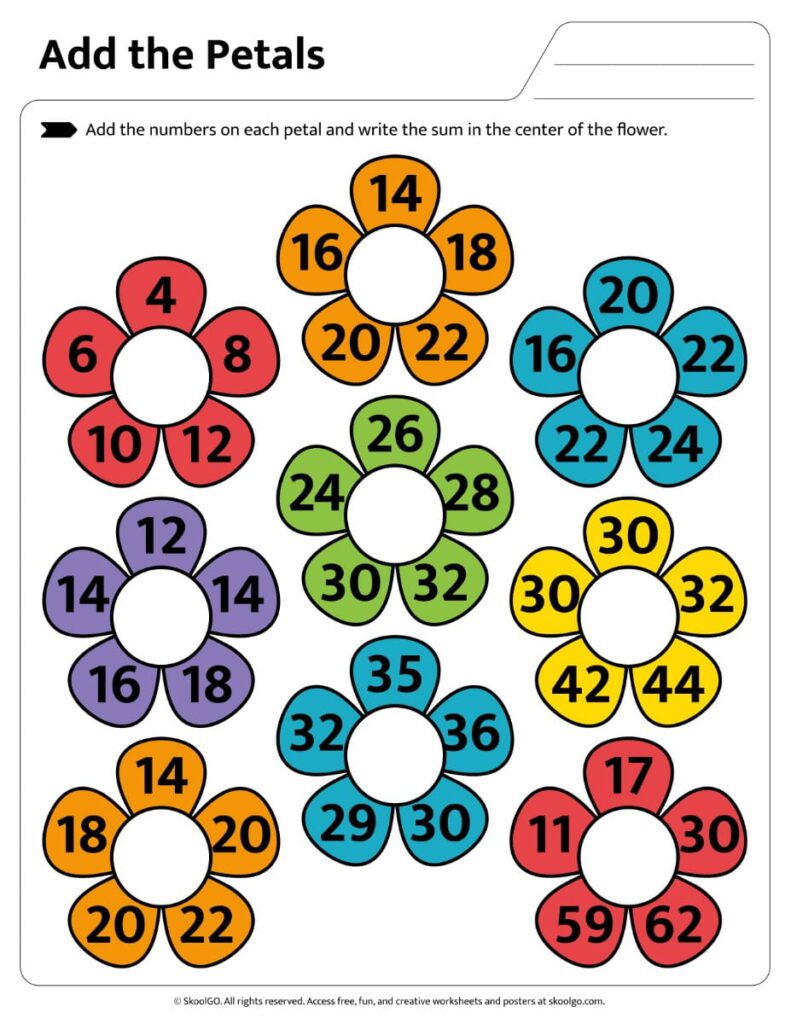 Add the Petals Addition Worksheet – Color Page 2 Advanced color Add the Petals Addition Worksheet with larger addition problems