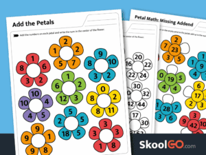 Add the Petals Addition Worksheet printable featuring flower-themed addition activities for Kindergarten to 2nd Grade