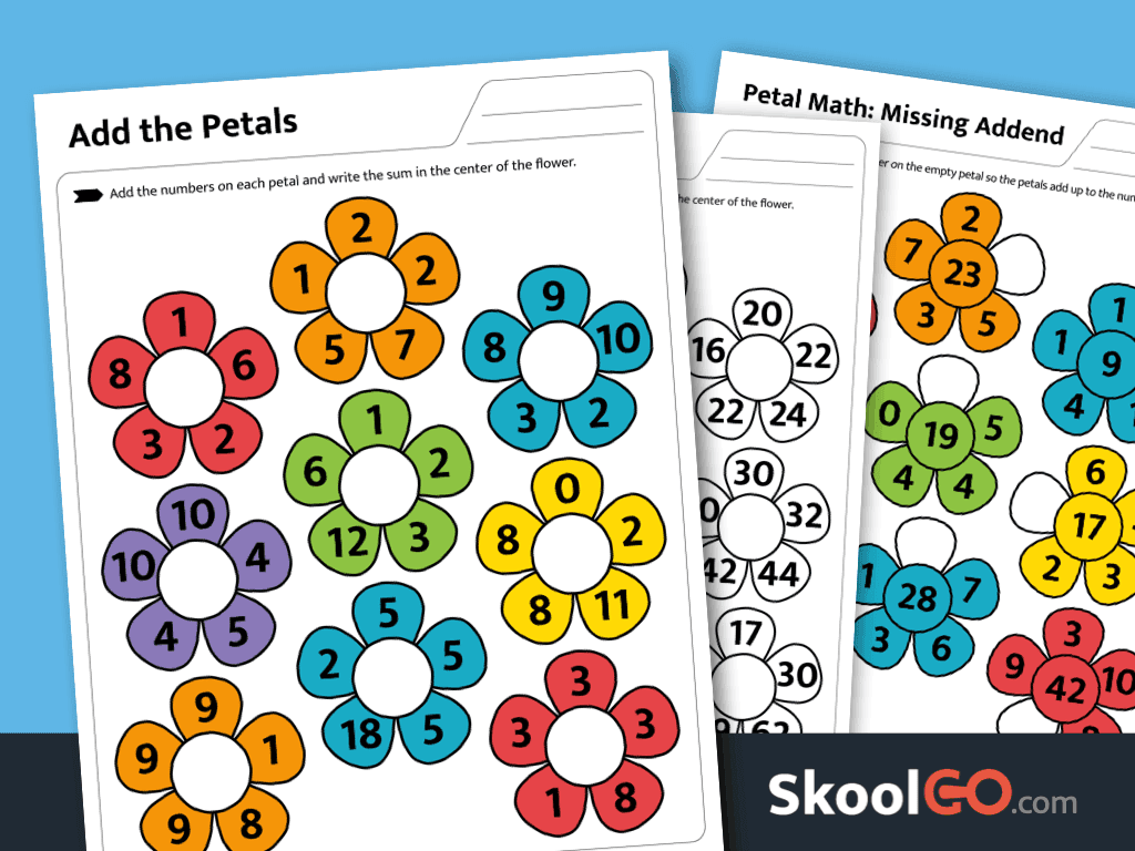Add the Petals Addition Worksheet printable featuring flower-themed addition activities for Kindergarten to 2nd Grade