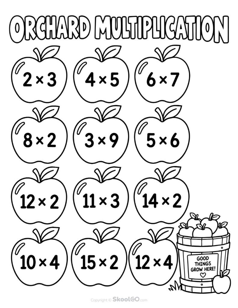 Apple Orchard Multiplication Worksheet Black and White Black and white apple orchard multiplication worksheet for printable math practice