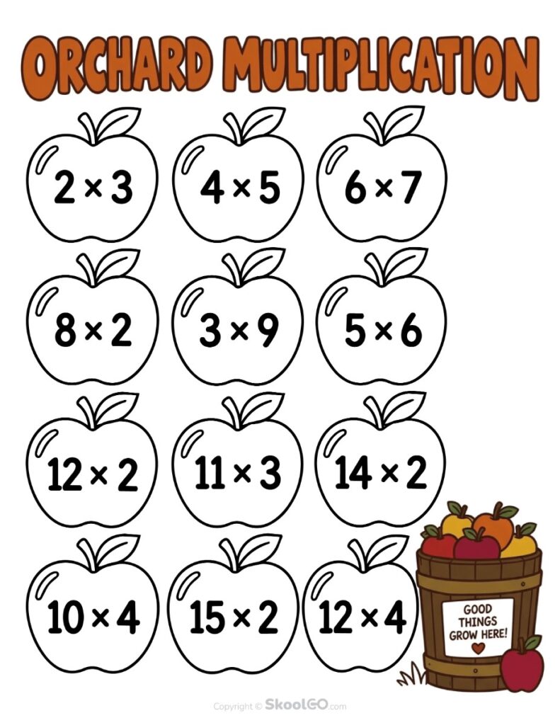Apple Orchard Multiplication Worksheet Color Version Color apple orchard multiplication worksheet featuring multiplication facts
