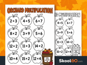 Free printable apple orchard multiplication worksheet PDF for multiplication fact practice