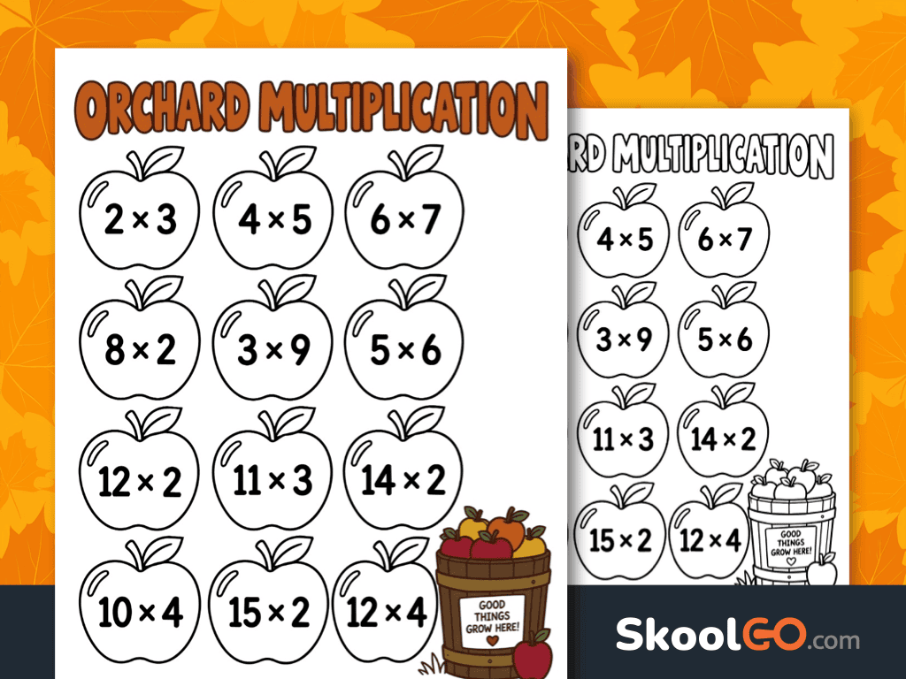 Free printable apple orchard multiplication worksheet PDF for multiplication fact practice