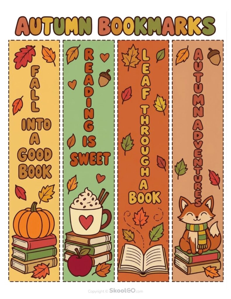 Colorful Autumn Reading Bookmarks Four colorful autumn bookmarks with leaves, books, pumpkins, apples, and a fox