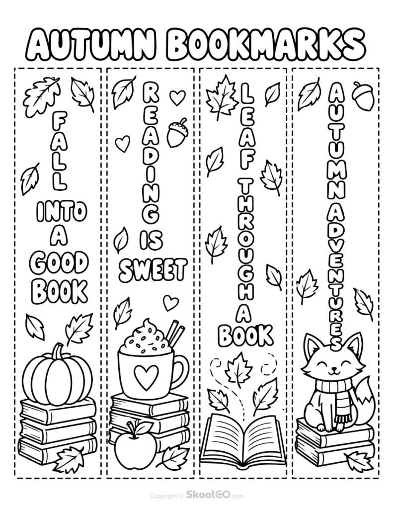 Autumn Bookmarks Coloring Page Black-and-white autumn bookmarks for coloring with books, leaves, pumpkins, and a fox