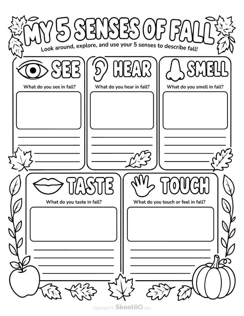 My 5 Senses of Fall Worksheet - b&w Black and White My 5 Senses of Fall worksheet for seasonal observation and writing
