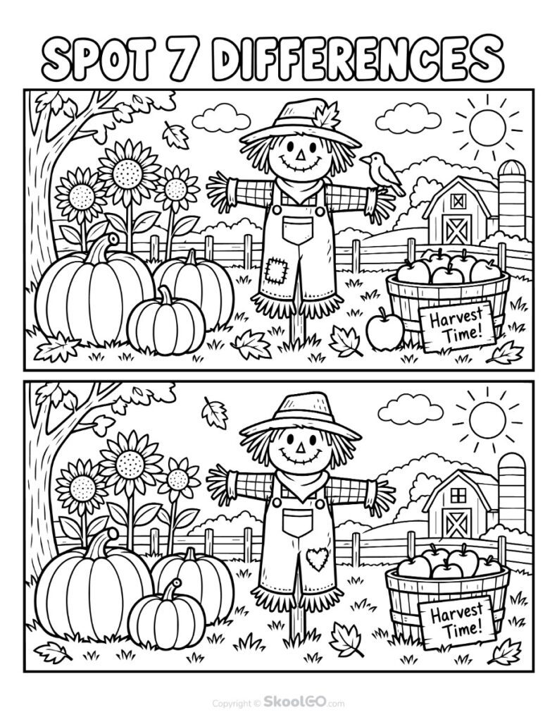 Spot 7 Differences Fall Activity - b&w Black and White Fall spot the differences activity with scarecrow, pumpkins, and farm scene