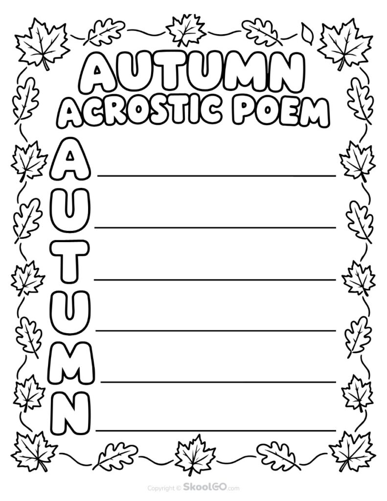 Autumn Acrostic Poem Writing Worksheet - b&w Black and White Autumn acrostic poem worksheet with space for seasonal writing