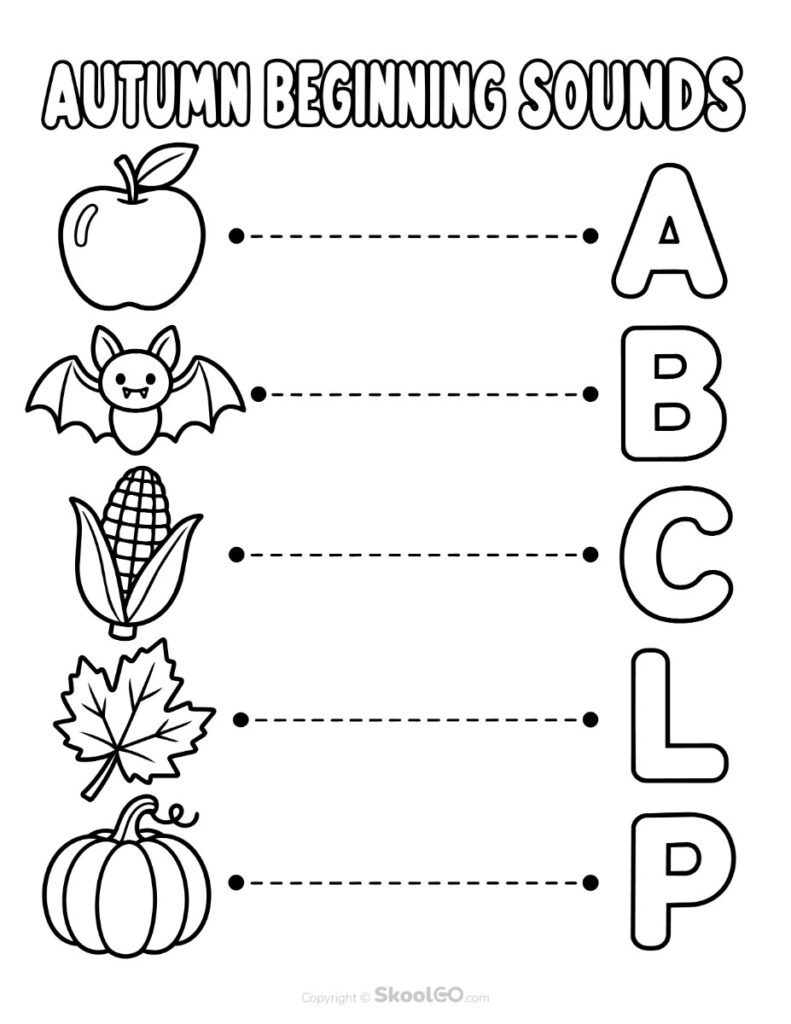 Autumn Beginning Sounds Worksheet - b&w Black and White Autumn beginning sounds worksheet with apple, bat, corn, leaf, and pumpkin