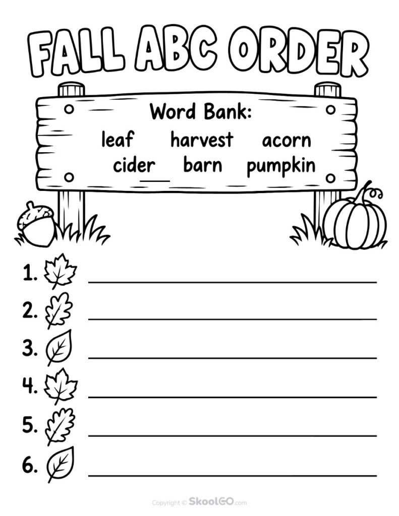 Fall ABC Order Vocabulary Worksheet - b&w Black and White Fall ABC order worksheet using seasonal vocabulary words