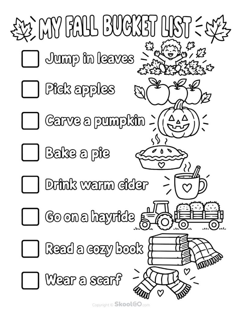 My Fall Bucket List Printable - b&w Black and White My Fall Bucket List printable with seasonal activities for children