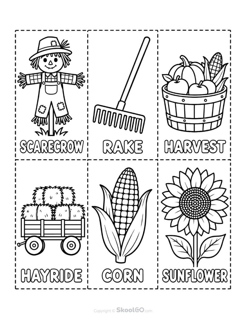 Harvest Picture Vocabulary Cards - b&w Black and White Harvest vocabulary picture cards featuring scarecrow, rake, harvest, hayride, corn, and sunflower