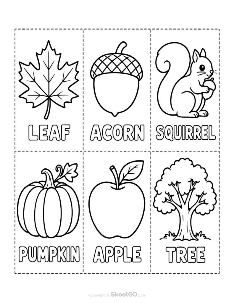Fall Picture Vocabulary Cards - b&w Black and White Fall vocabulary picture cards featuring leaf, acorn, squirrel, pumpkin, apple, and tree