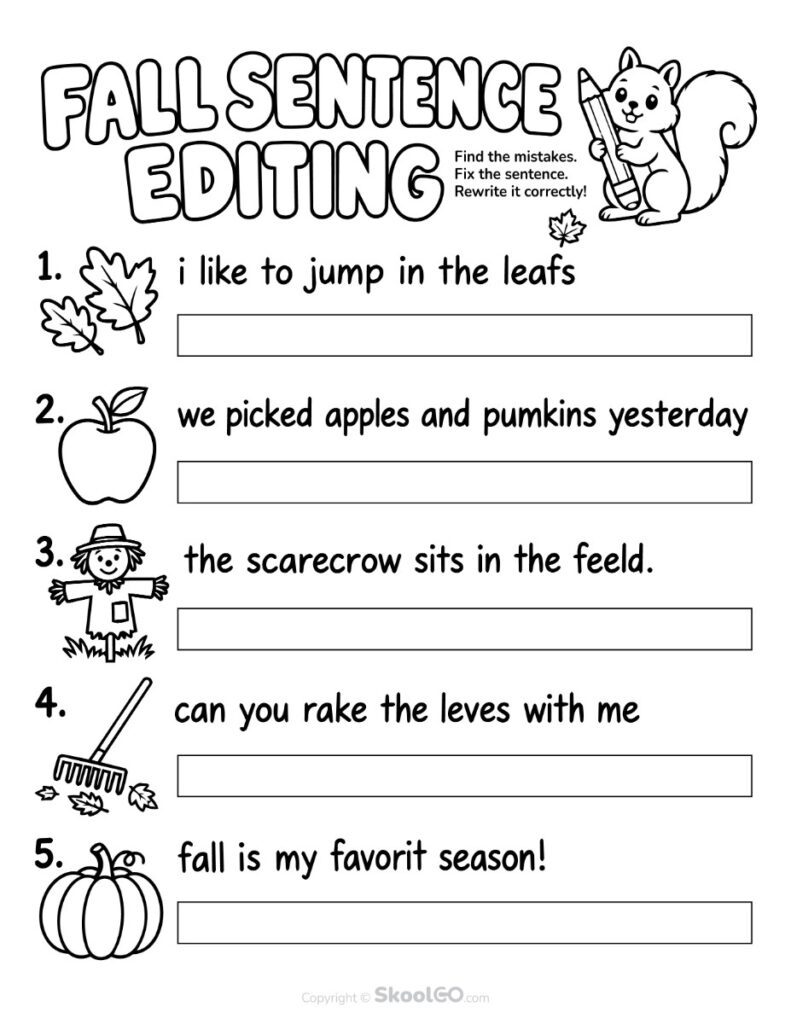 Fall Sentence Editing Grammar Worksheet - b&w Black and White Fall sentence editing worksheet for correcting capitalization and punctuation