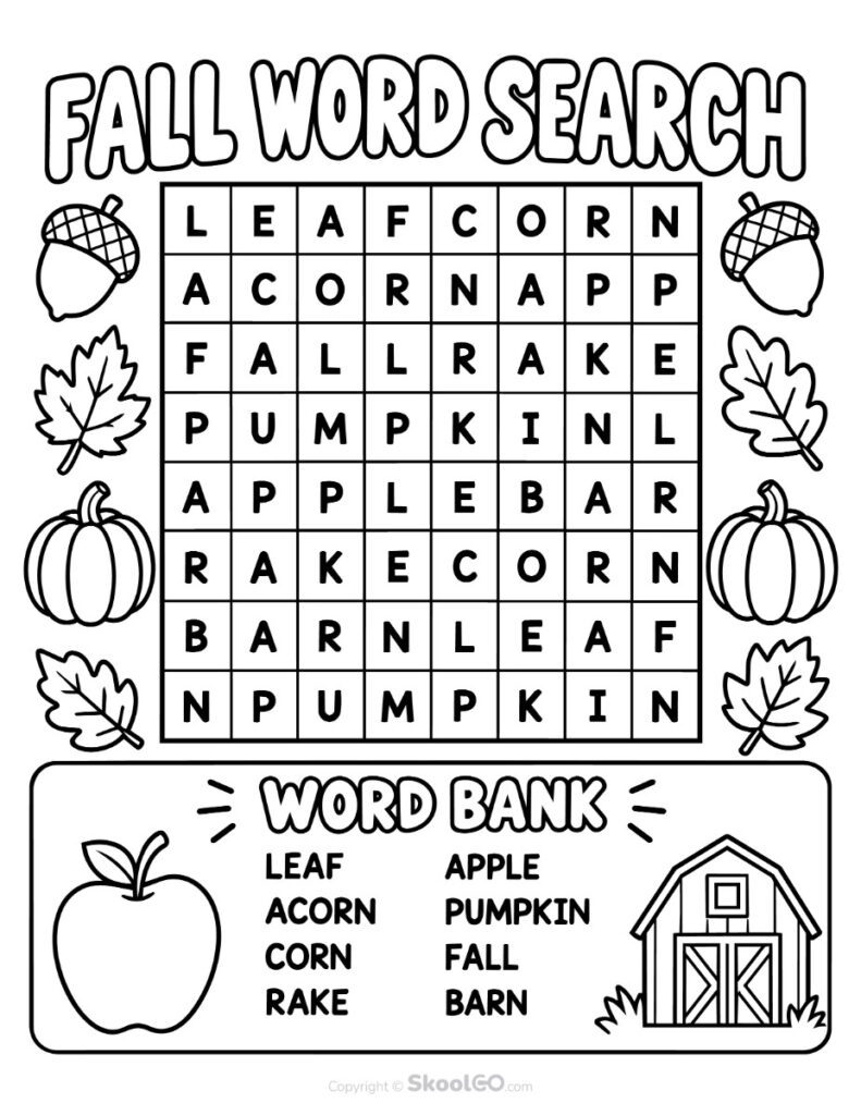 Fall Word Search Printable - b&w Black and White Fall word search worksheet with autumn and harvest vocabulary