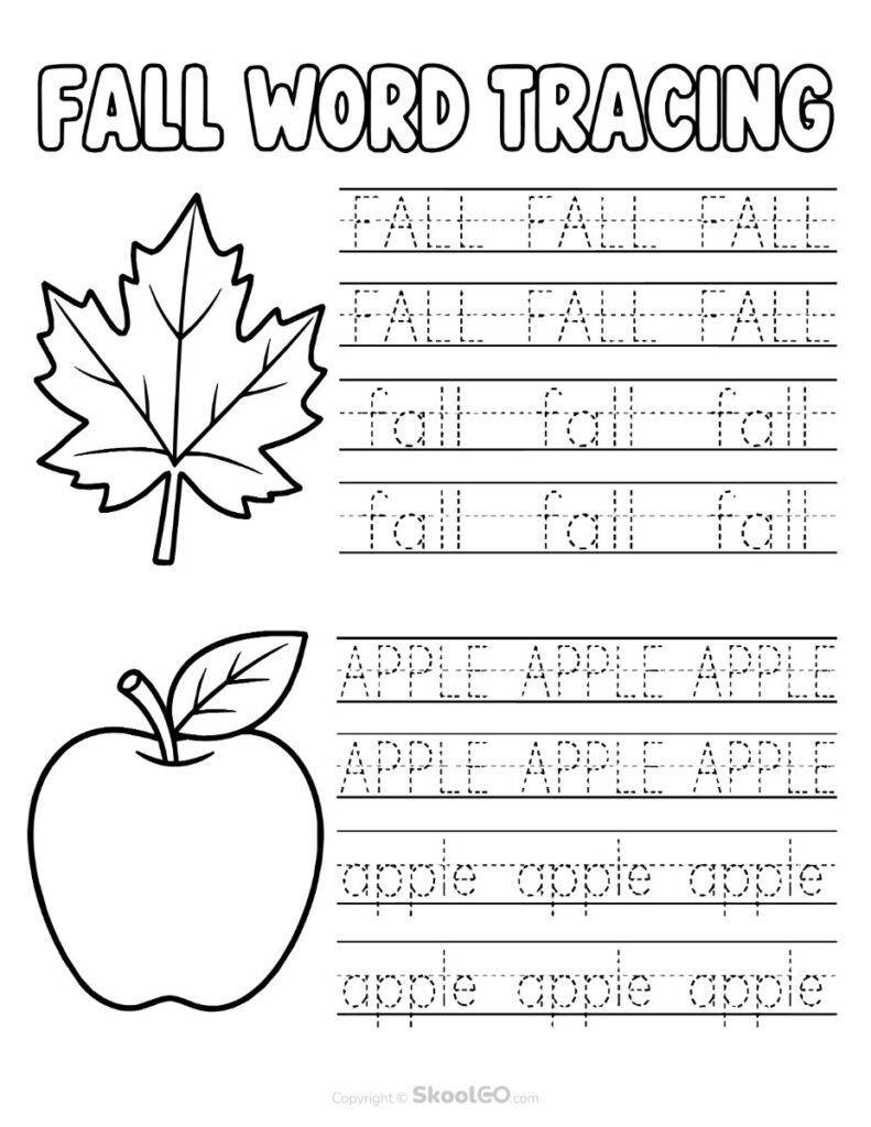 Fall Word Tracing Worksheet - b&w Black and White Fall word tracing worksheet featuring leaf and apple vocabulary