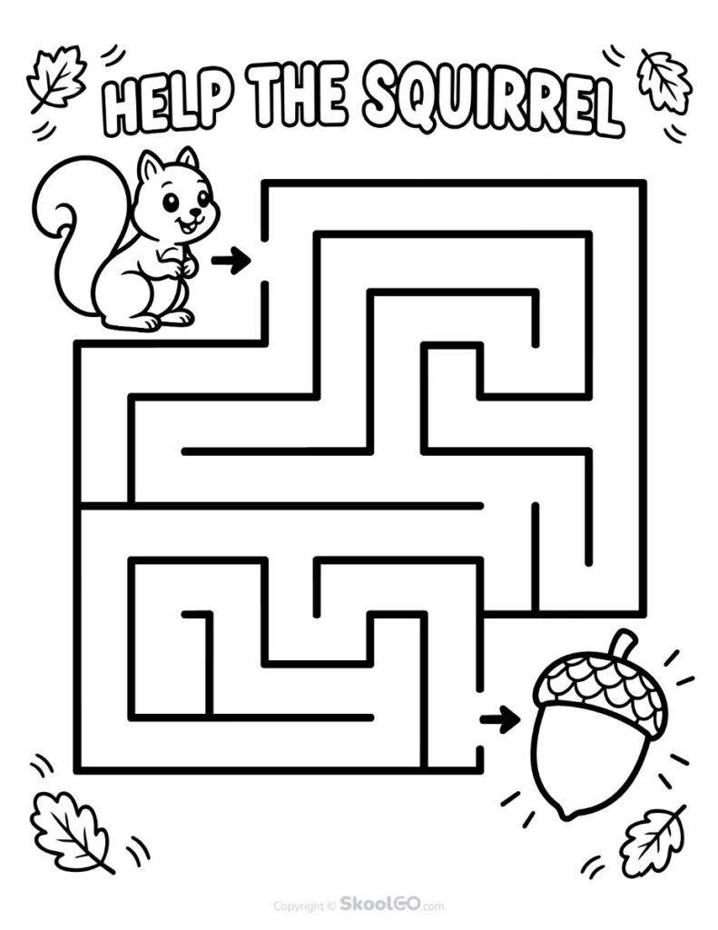Help the Squirrel Fall Maze Printable - b&w Black and White Fall maze printable helping a squirrel find an acorn