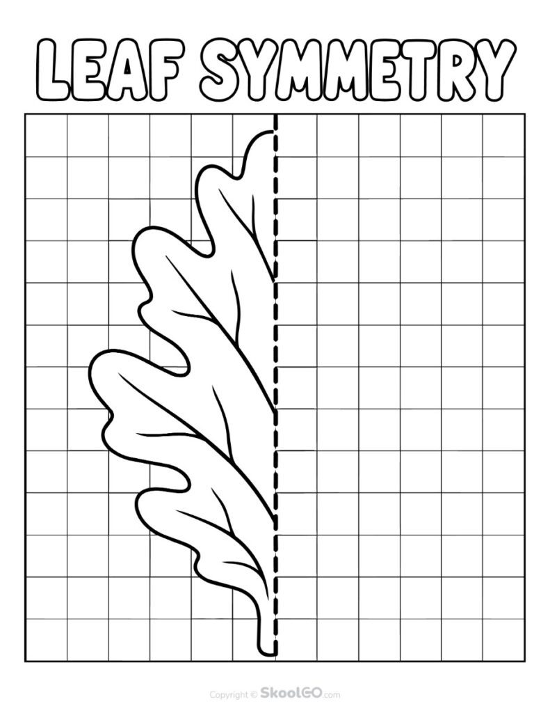 Leaf Symmetry Fall Math Activity - b&w Black and White Leaf symmetry worksheet with grid for completing the mirrored leaf