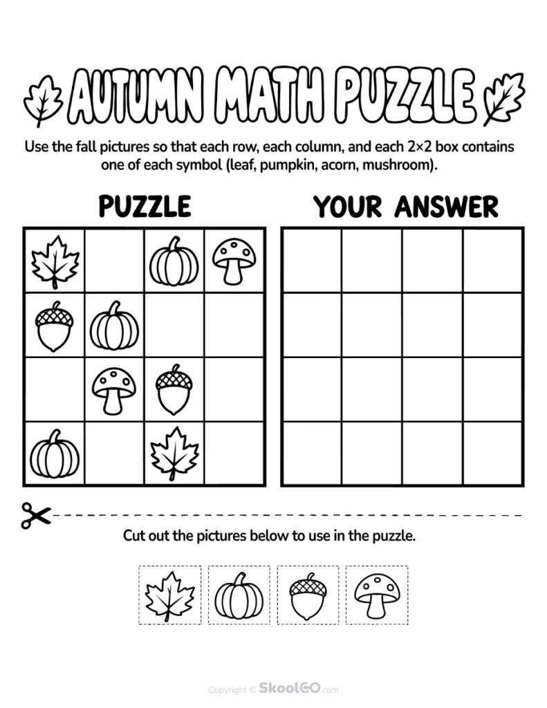 Autumn Math Puzzle Printable - b&w Black and White Autumn math puzzle with leaves, pumpkins, acorns, and mushrooms