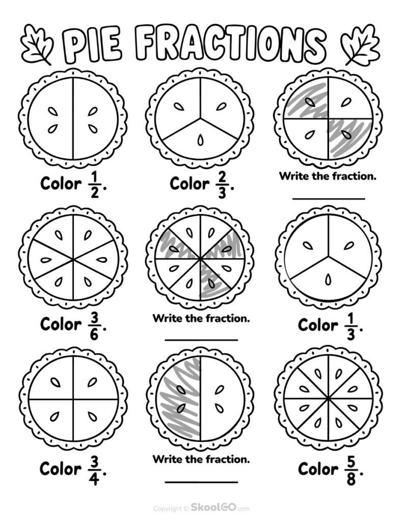 Pie Fractions Fall Math Worksheet - b&w Black and White Pie fractions worksheet with autumn-themed fraction coloring activities