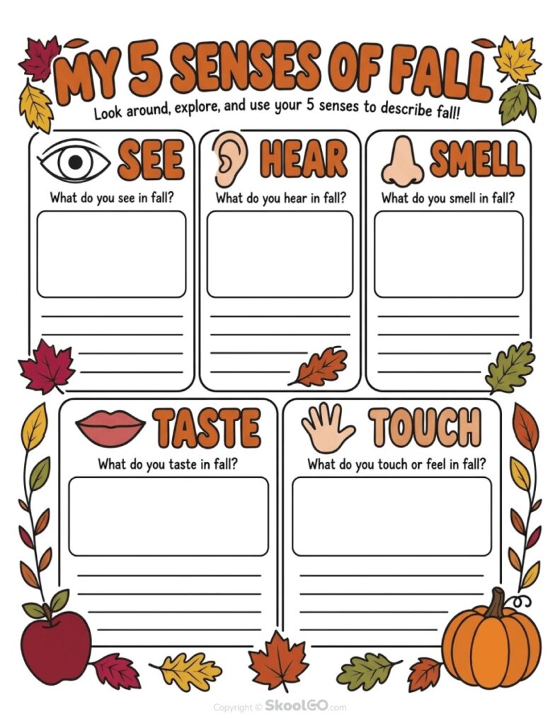 My 5 Senses of Fall Worksheet My 5 Senses of Fall worksheet for seasonal observation and writing