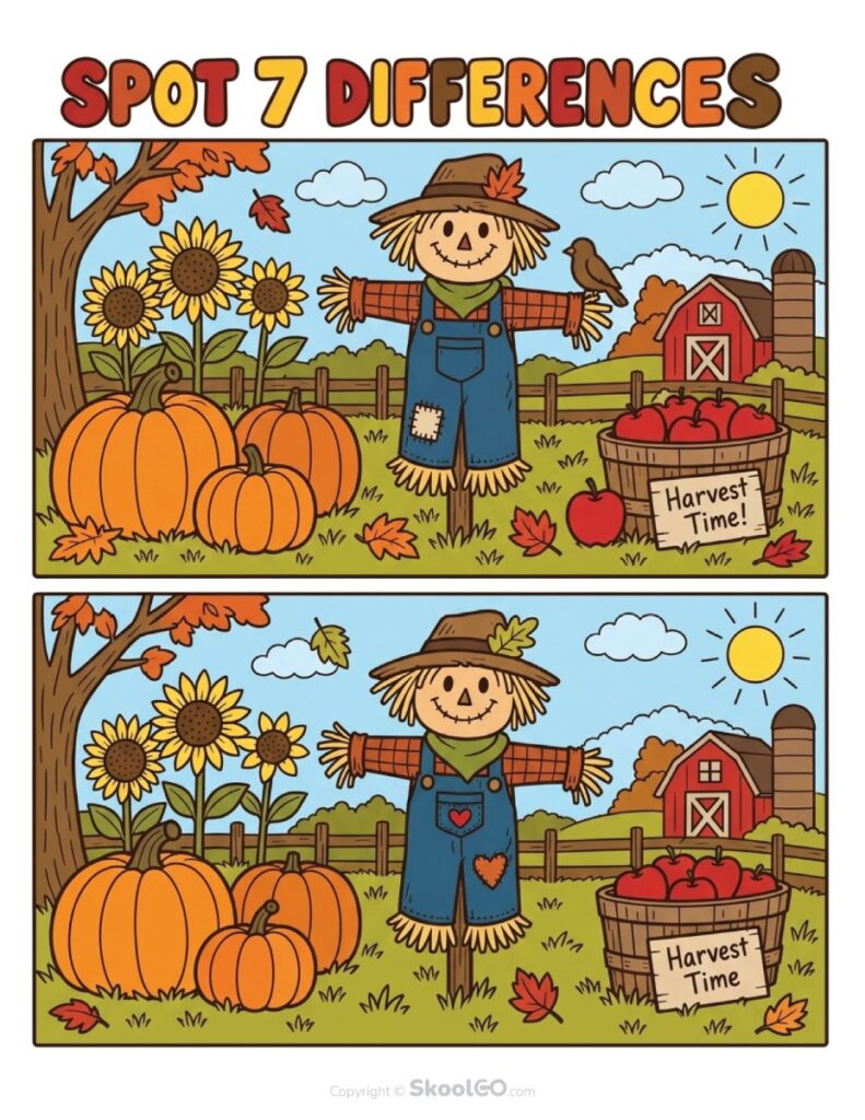 Spot 7 Differences Fall Activity Fall spot the differences activity with scarecrow, pumpkins, and farm scene