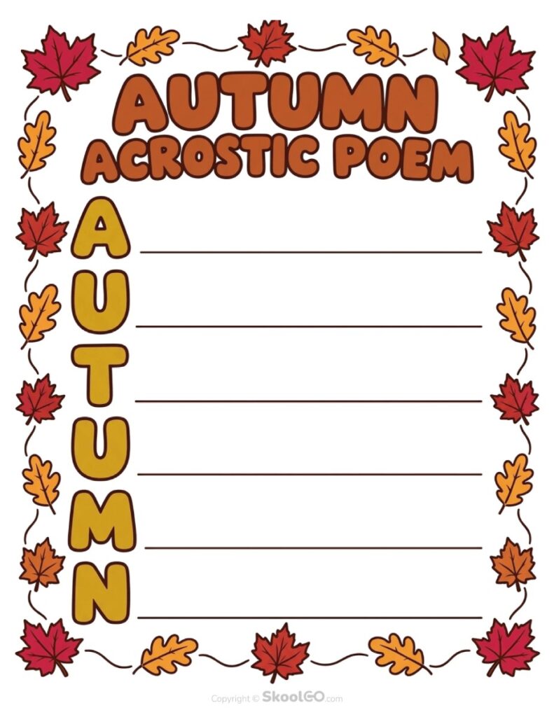 Autumn Acrostic Poem Writing Worksheet Autumn acrostic poem worksheet with space for seasonal writing