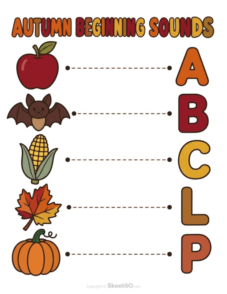 Autumn Beginning Sounds Worksheet Autumn beginning sounds worksheet with apple, bat, corn, leaf, and pumpkin