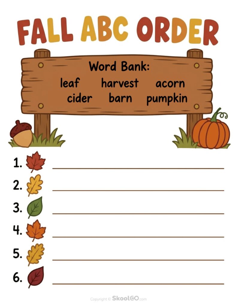 Fall ABC Order Vocabulary Worksheet Fall ABC order worksheet using seasonal vocabulary words