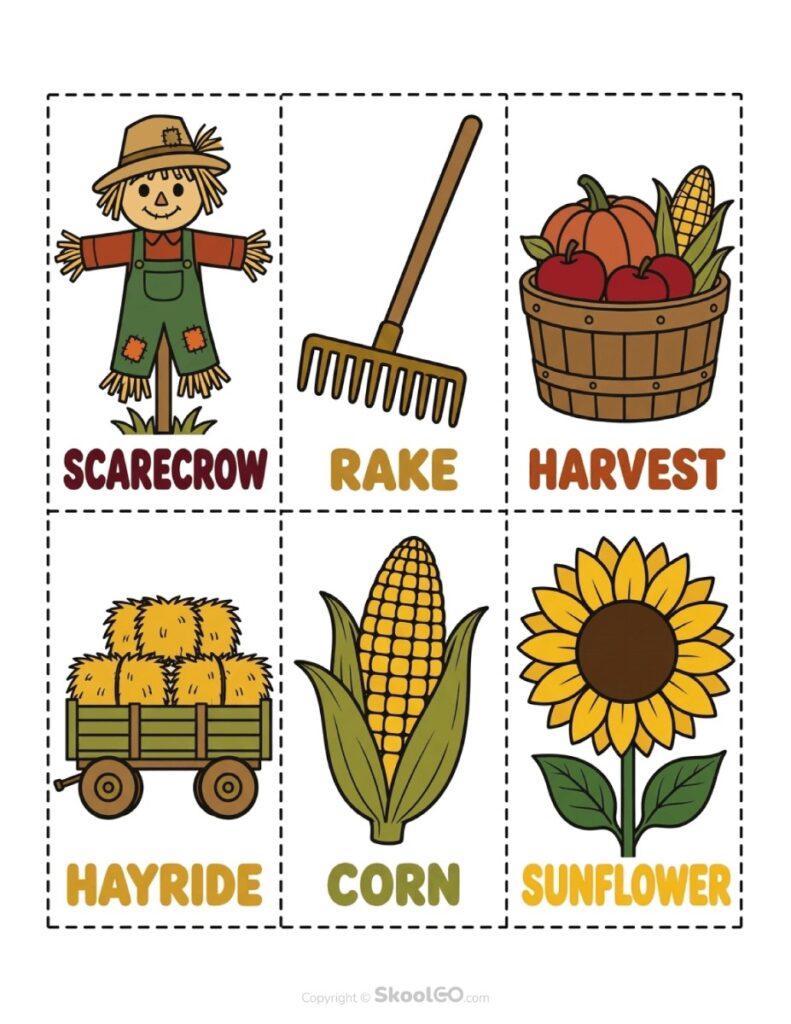 Harvest Picture Vocabulary Cards Harvest vocabulary picture cards featuring scarecrow, rake, harvest, hayride, corn, and sunflower