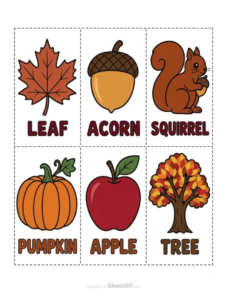 Fall Picture Vocabulary Cards Fall vocabulary picture cards featuring leaf, acorn, squirrel, pumpkin, apple, and tree