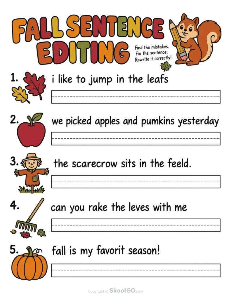 Fall Sentence Editing Grammar Worksheet Fall sentence editing worksheet for correcting capitalization and punctuation