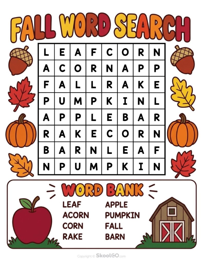 Fall Word Search Printable Fall word search worksheet with autumn and harvest vocabulary