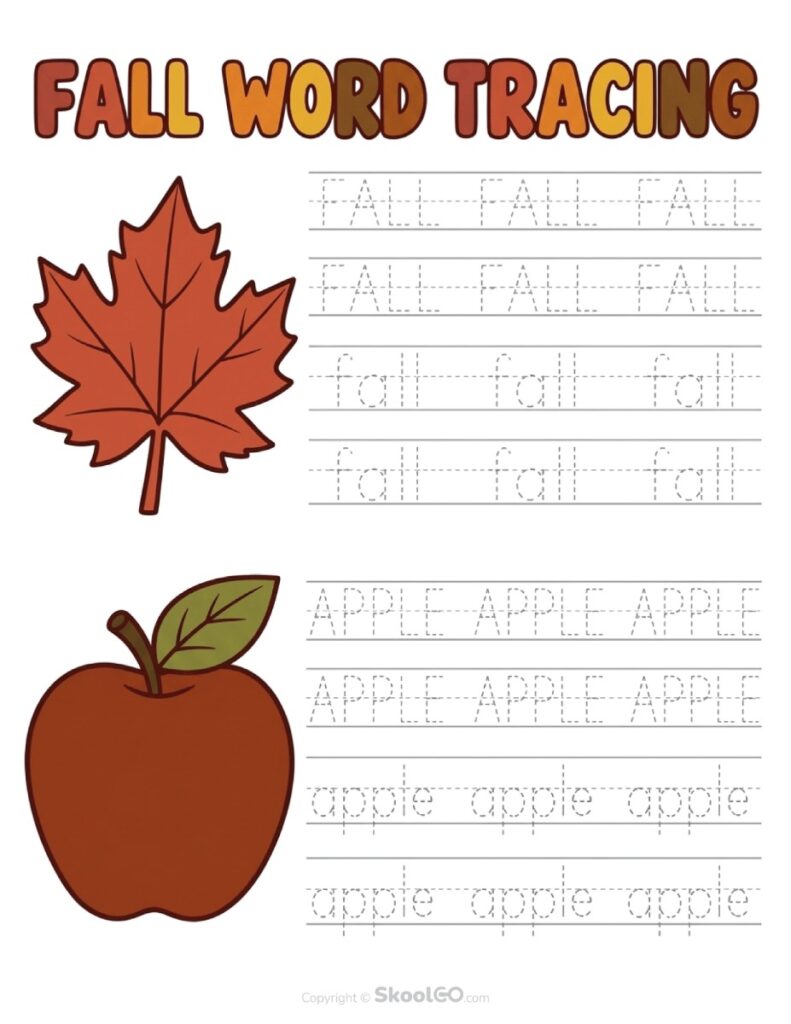 Fall Word Tracing Worksheet Fall word tracing worksheet featuring leaf and apple vocabulary